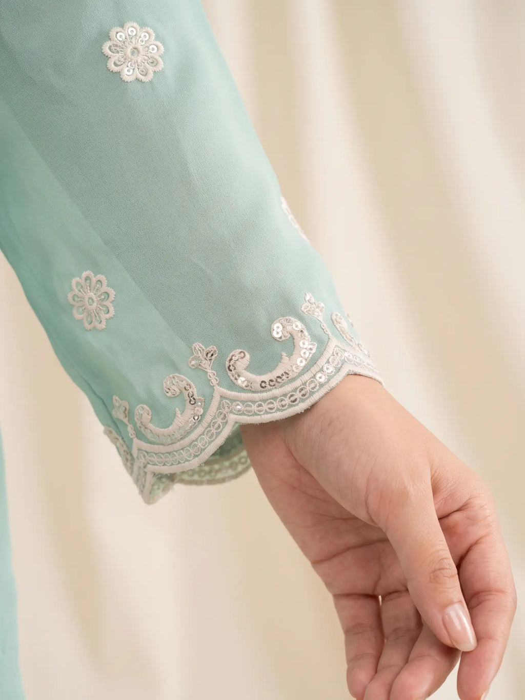 Sky Blue Embroidered Real Georgette Sharara Suit Set - View 10