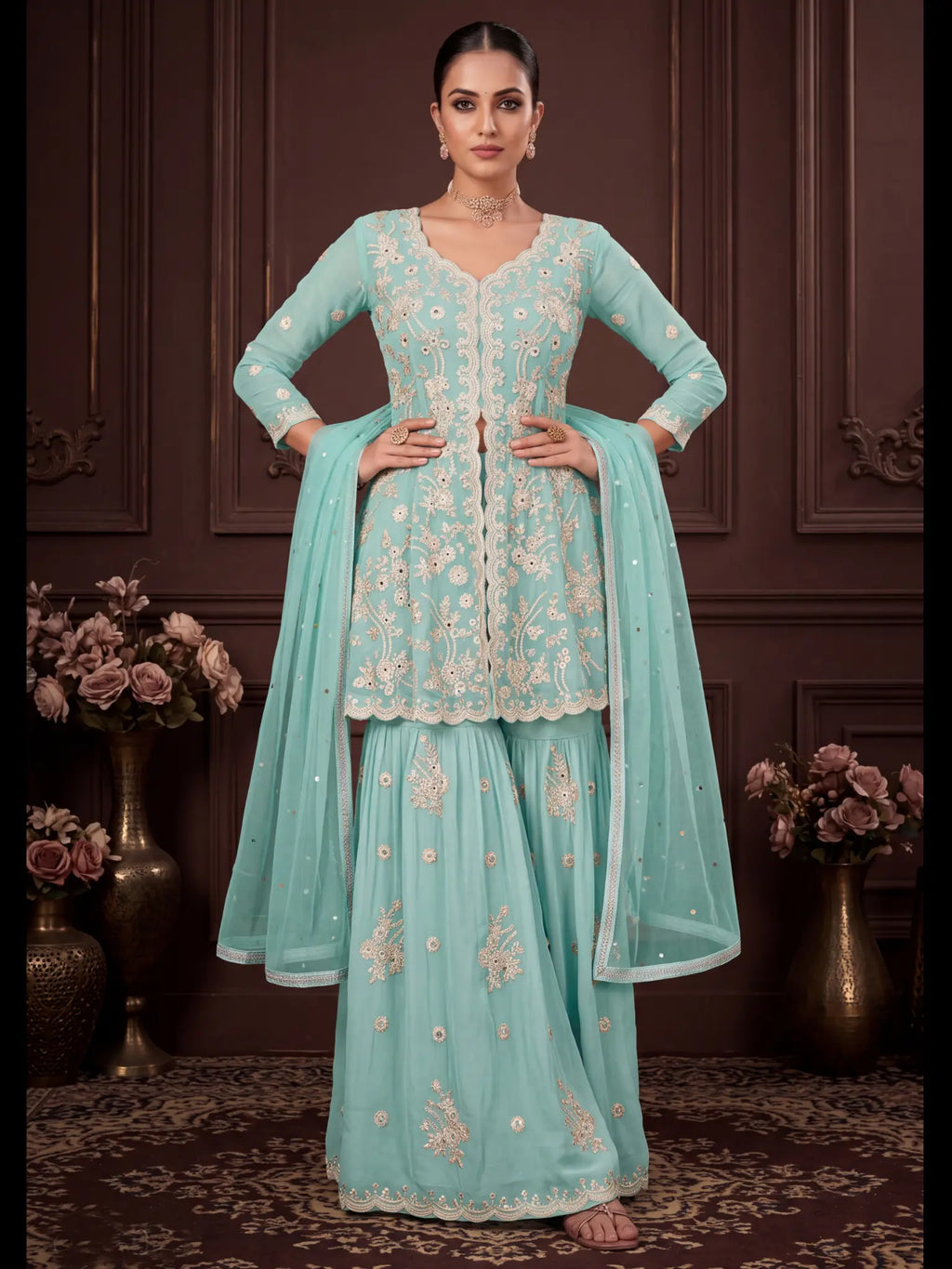 Sky Blue Embroidered Real Georgette Sharara Suit Set - View 1