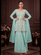 Sky Blue Embroidered Real Georgette Sharara Suit Set - View 1
