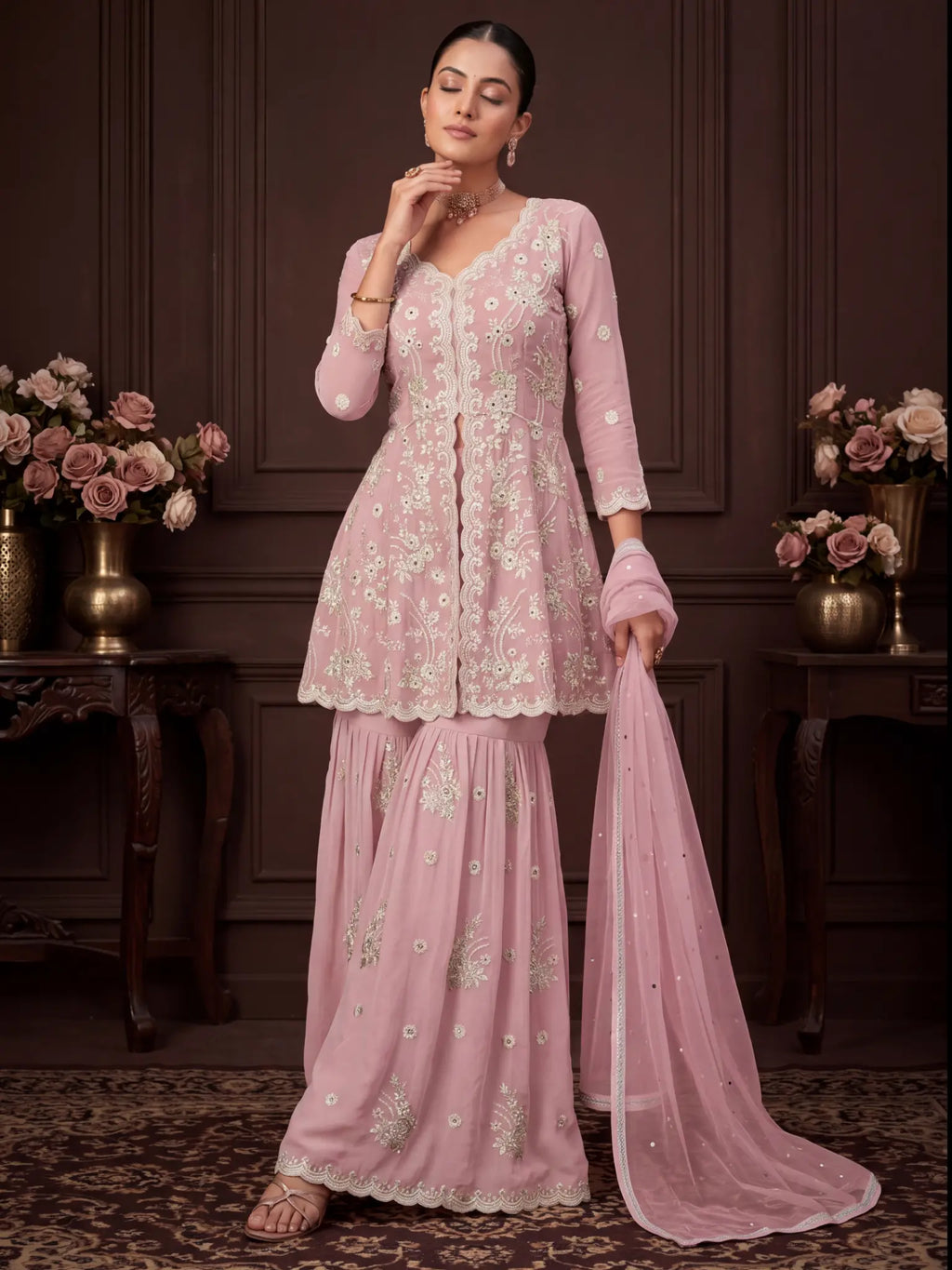 Dusty Pink Embroidered Real Georgette Sharara Suit Set - View 11