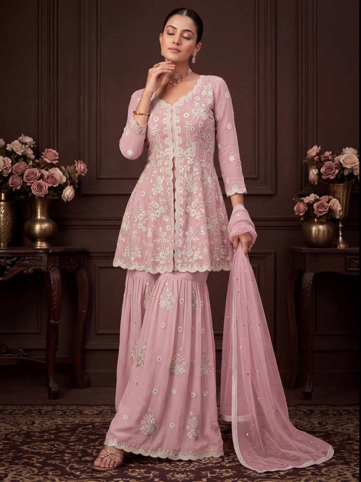 Dusty Pink Embroidered Real Georgette Sharara Suit Set - View 11