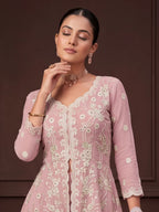 Dusty Pink Embroidered Real Georgette Sharara Suit Set - View 2