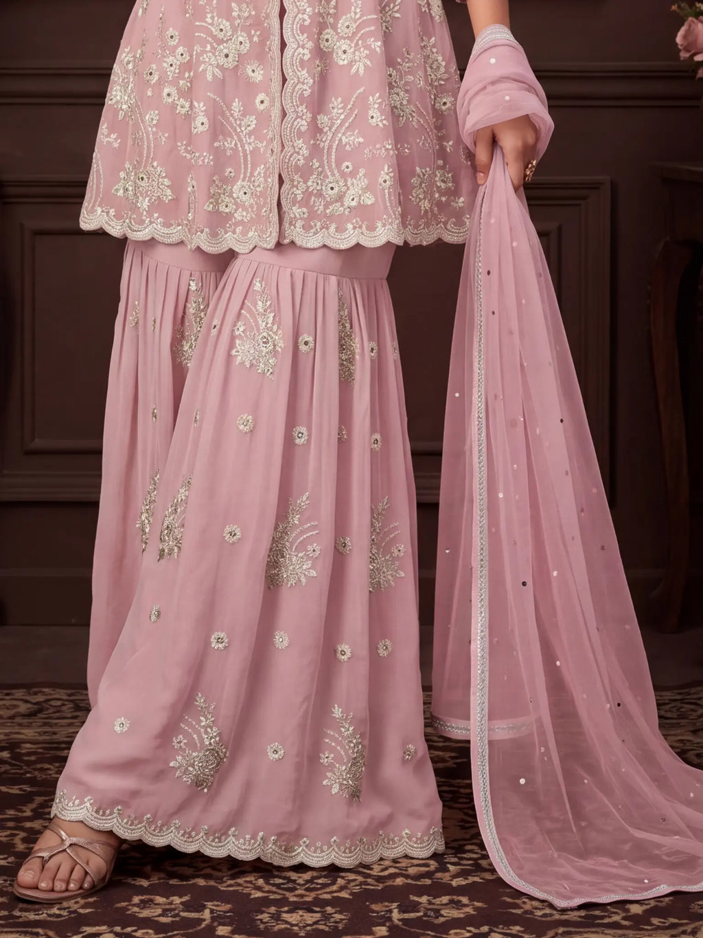 Dusty Pink Embroidered Real Georgette Sharara Suit Set - View 3