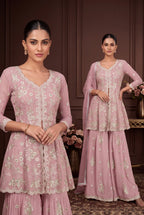 Dusty Pink Embroidered Real Georgette Sharara Suit Set - View 4