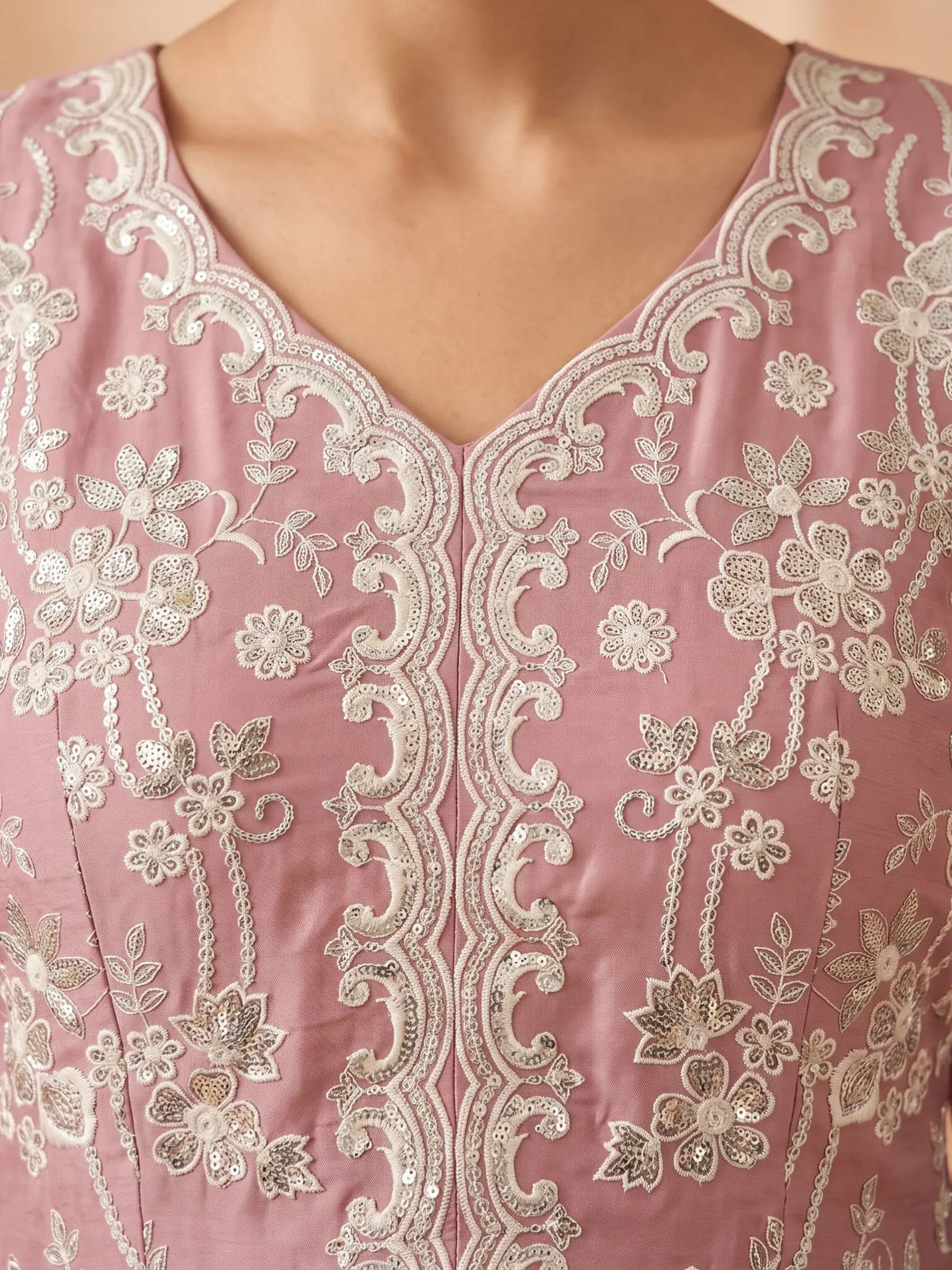 Dusty Pink Embroidered Real Georgette Sharara Suit Set - View 5