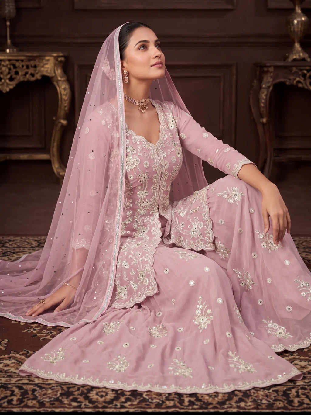Dusty Pink Embroidered Real Georgette Sharara Suit Set - View 6