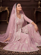 Dusty Pink Embroidered Real Georgette Sharara Suit Set - View 6