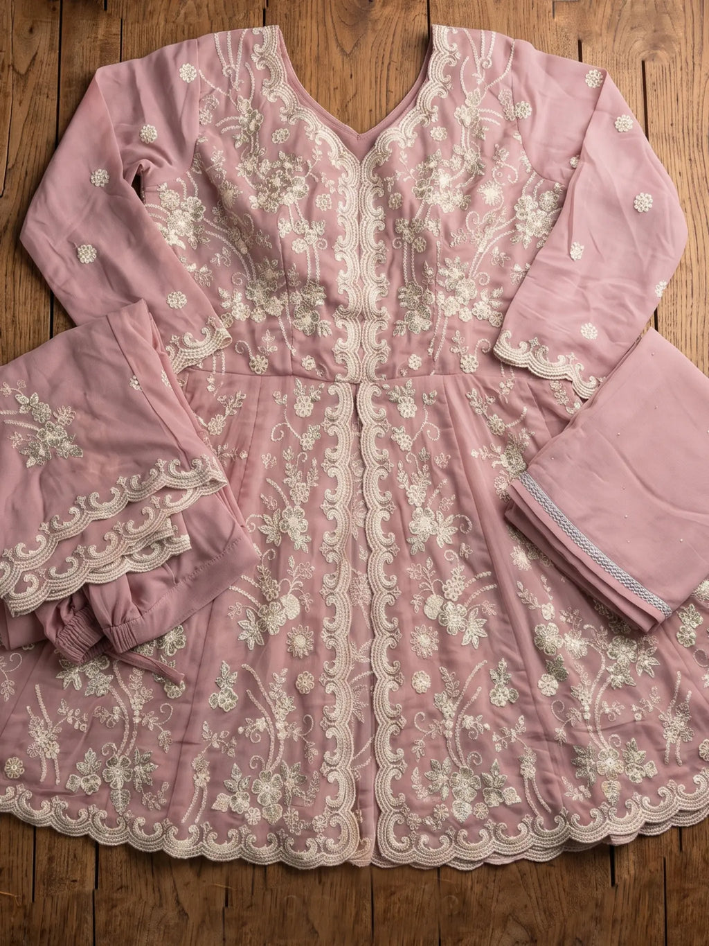 Dusty Pink Embroidered Real Georgette Sharara Suit Set - View 8