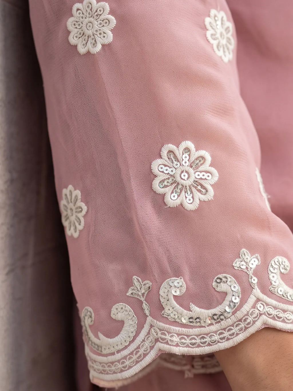 Dusty Pink Embroidered Real Georgette Sharara Suit Set - View 10