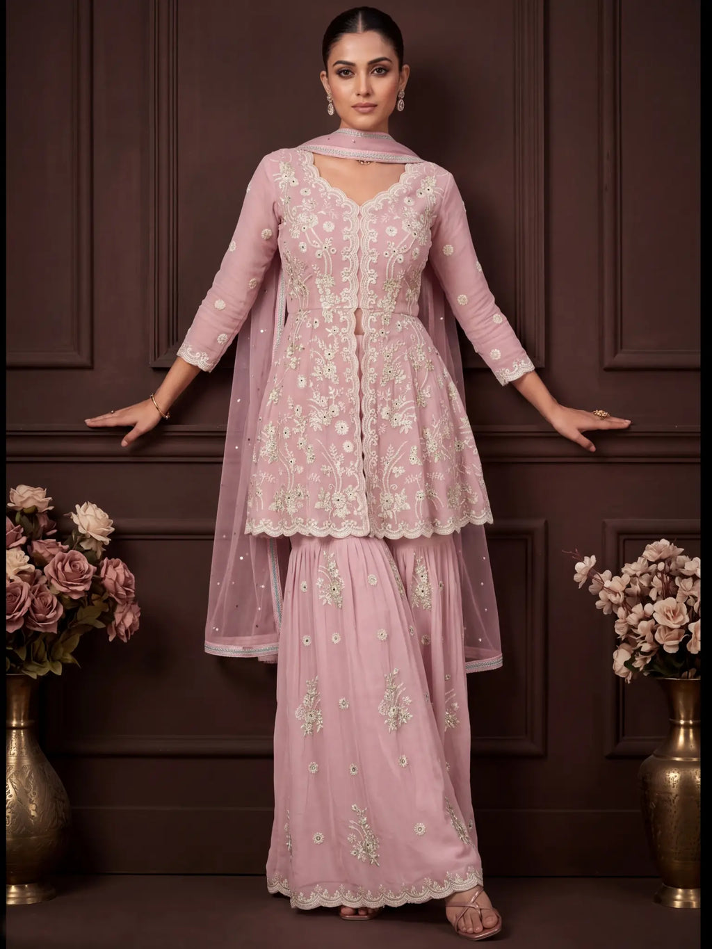 Dusty Pink Embroidered Real Georgette Sharara Suit Set - View 1