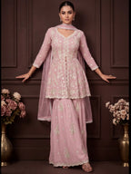 Dusty Pink Embroidered Real Georgette Sharara Suit Set - View 1