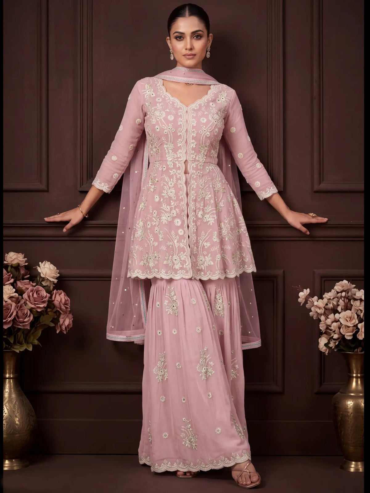 Dusty Pink Embroidered Real Georgette Sharara Suit Set - View 1