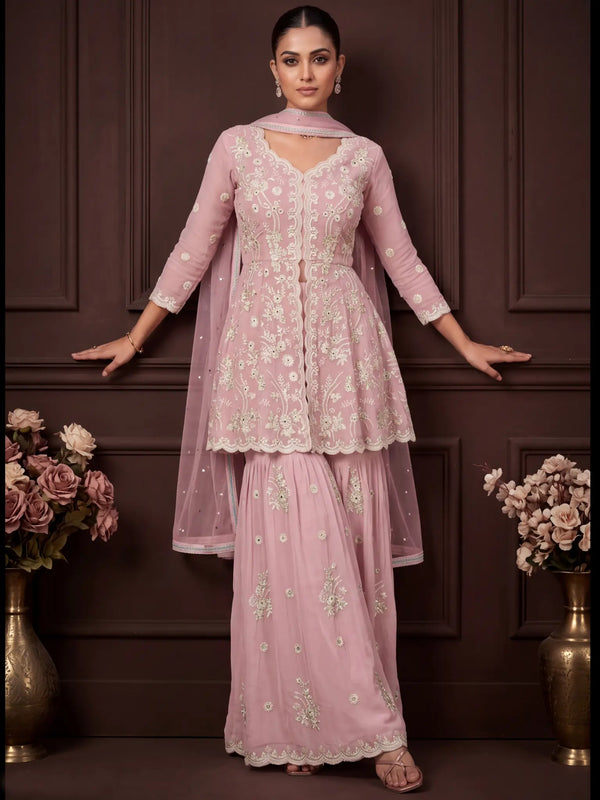 Dusty Pink Embroidered Real Georgette Sharara Suit Set - View 1