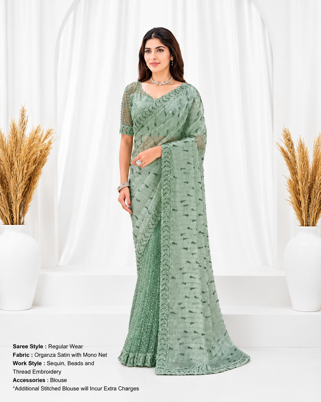 Designer party wear saree design 26815 in Jimmy Choo, Mono Net featuring Dull Beads, Sequins Embellishment with matching stitched blouse.