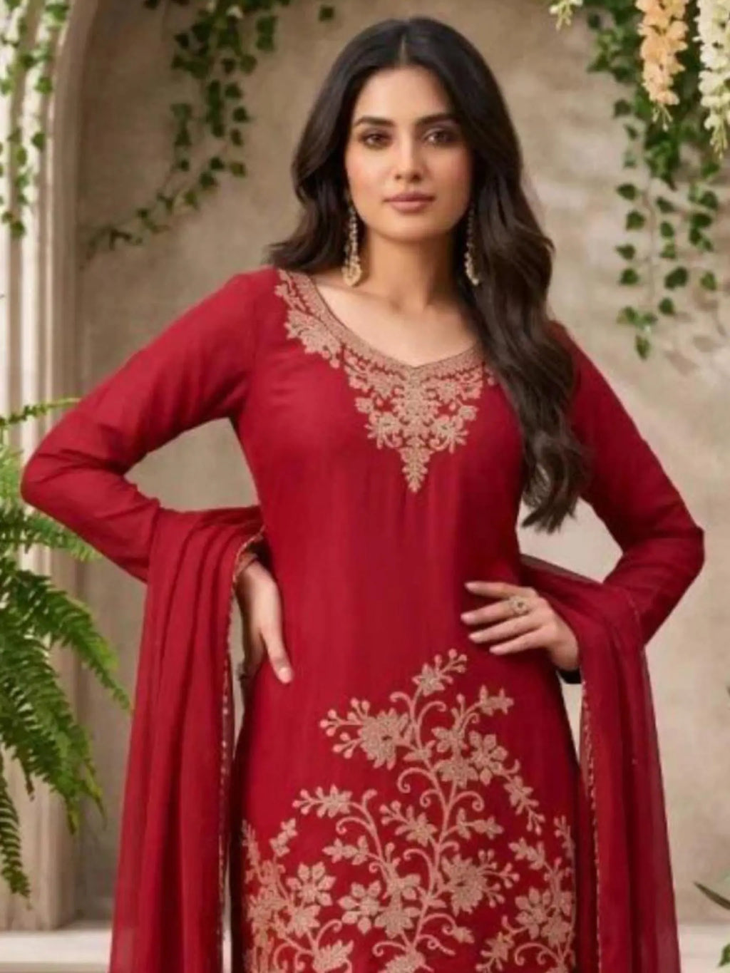 Maroon Embroidered Chinnon Palazzo Suit Set with Dupatta View 2