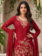 Maroon Embroidered Chinnon Palazzo Suit Set with Dupatta View 2