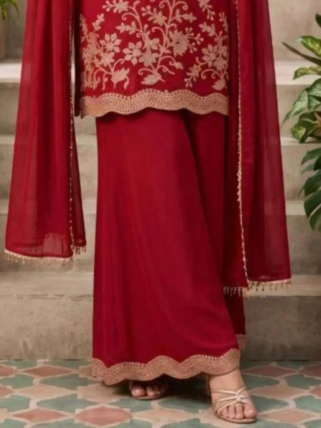 Maroon Embroidered Chinnon Palazzo Suit Set with Dupatta View 3