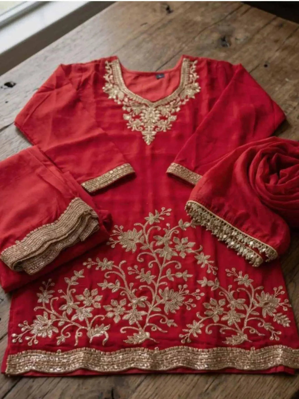 Maroon Embroidered Chinnon Palazzo Suit Set with Dupatta View 5