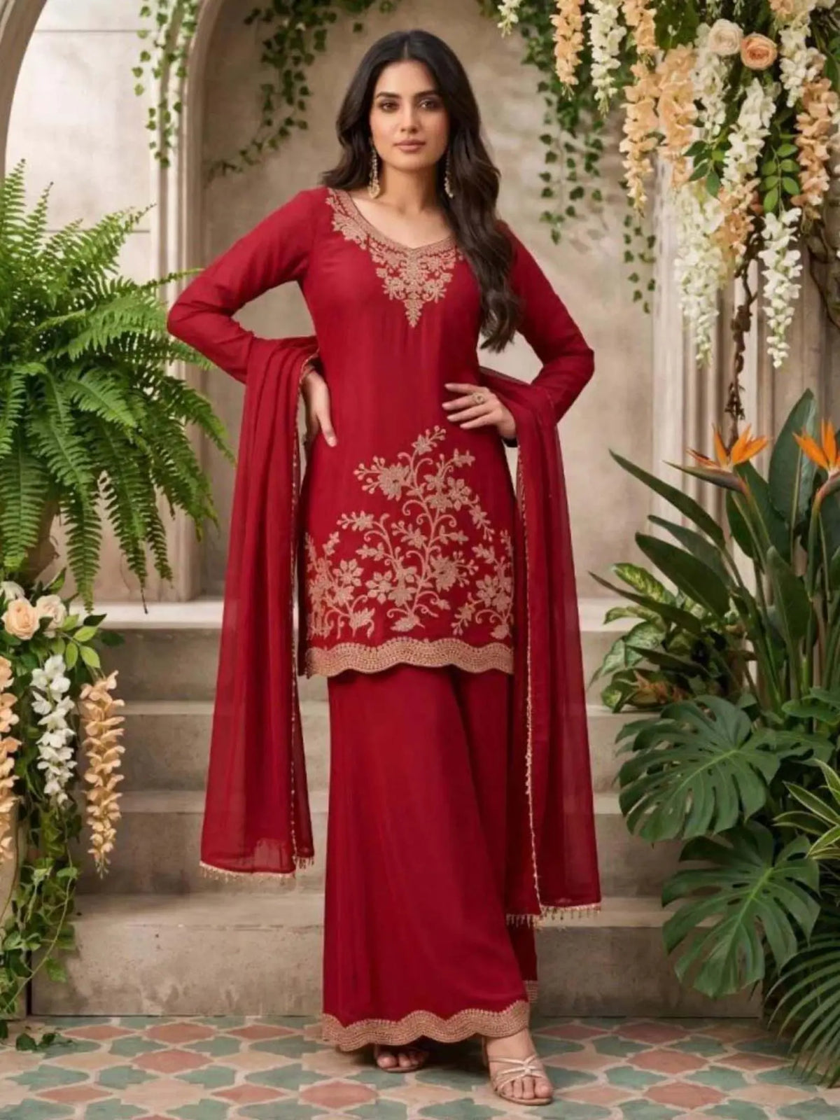 Maroon Embroidered Chinnon Palazzo Suit Set with Dupatta View 1