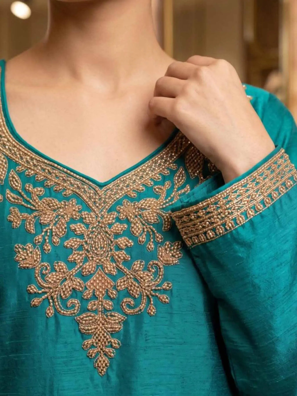 Peacock Teal Embroidered Chinnon Palazzo Suit Set with Dupatta View 2