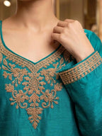 Peacock Teal Embroidered Chinnon Palazzo Suit Set with Dupatta View 2