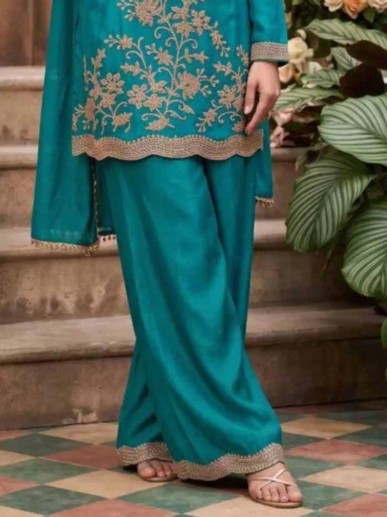 Peacock Teal Embroidered Chinnon Palazzo Suit Set with Dupatta View 3