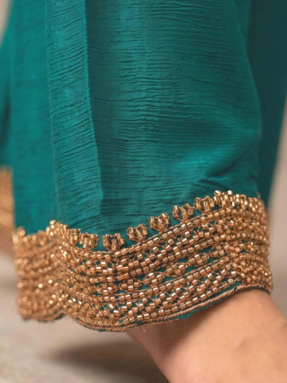 Peacock Teal Embroidered Chinnon Palazzo Suit Set with Dupatta View 4