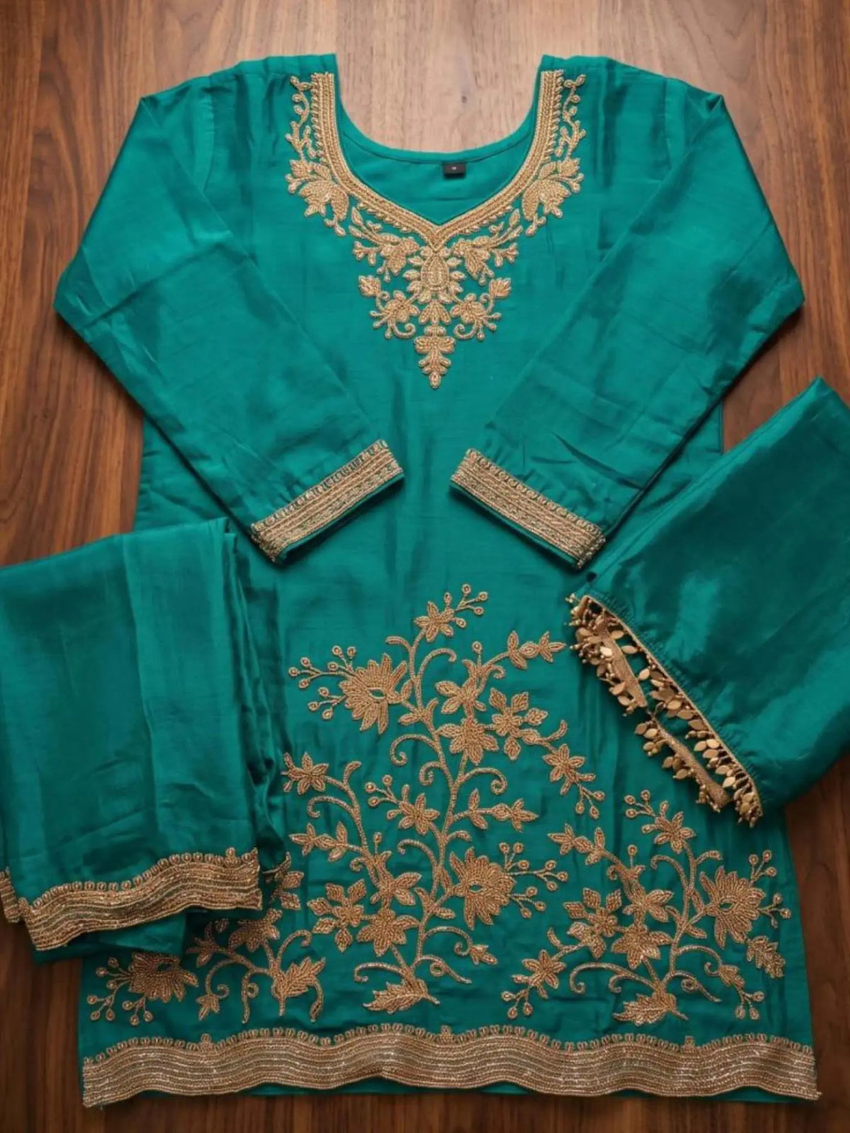 Peacock Teal Embroidered Chinnon Palazzo Suit Set with Dupatta View 5