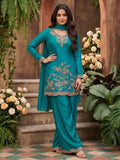 Peacock Teal Embroidered Chinnon Palazzo Suit Set with Dupatta View 1