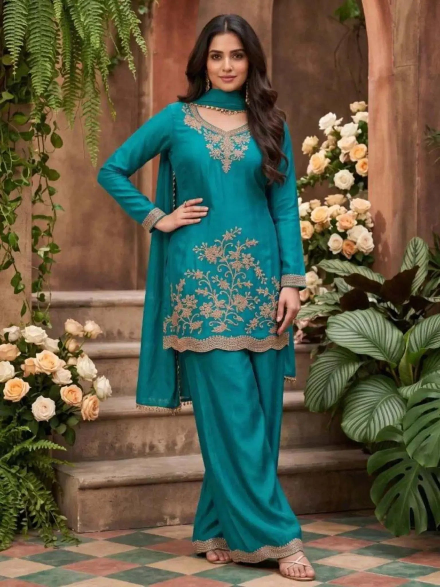 Peacock Teal Embroidered Chinnon Palazzo Suit Set with Dupatta View 1