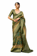 Olive Green Jacquard P V Silk Zari Weaving Digital Print Saree