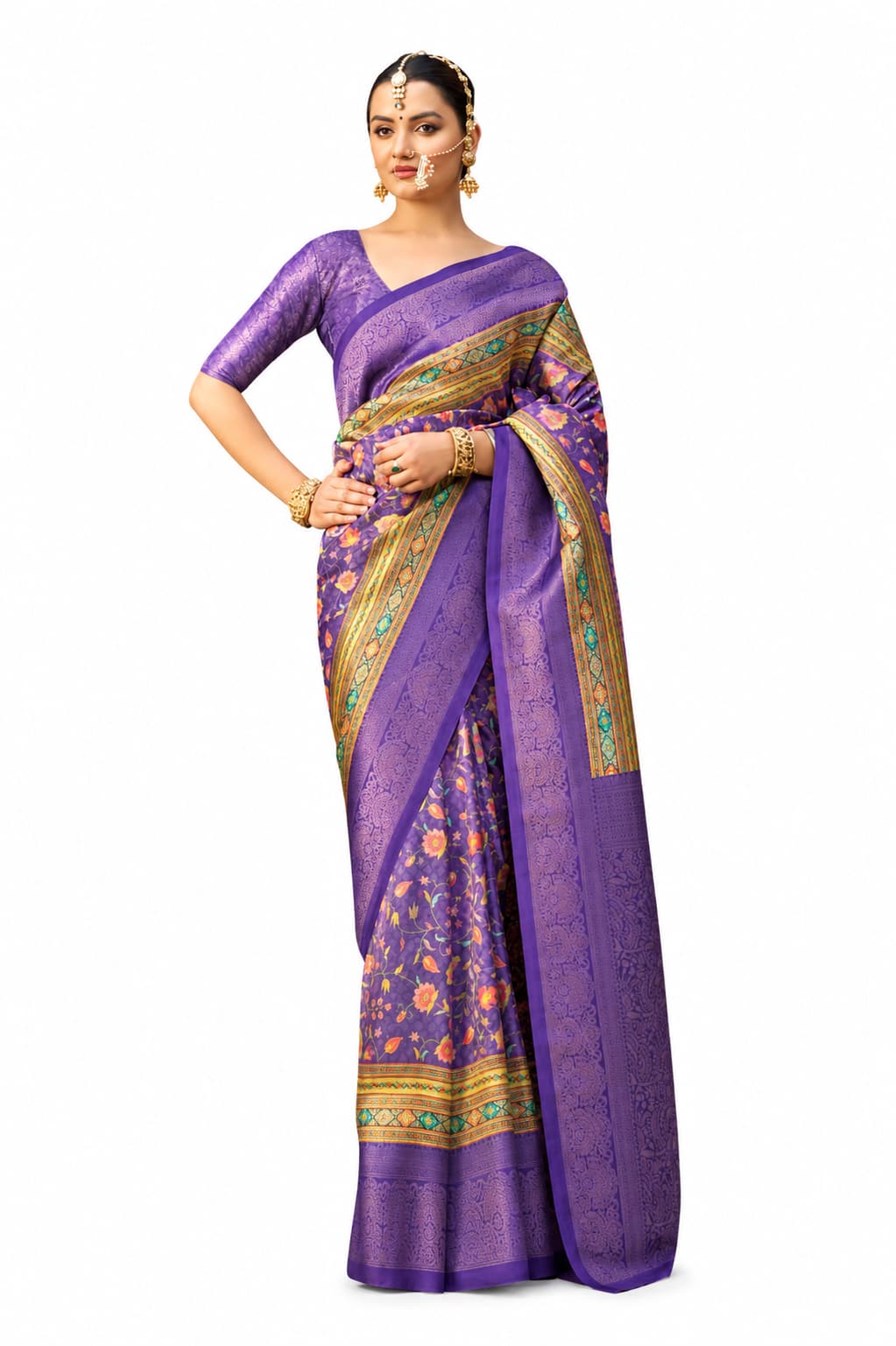 Royal Purple Jacquard P V Silk Zari Weaving Digital Print Saree