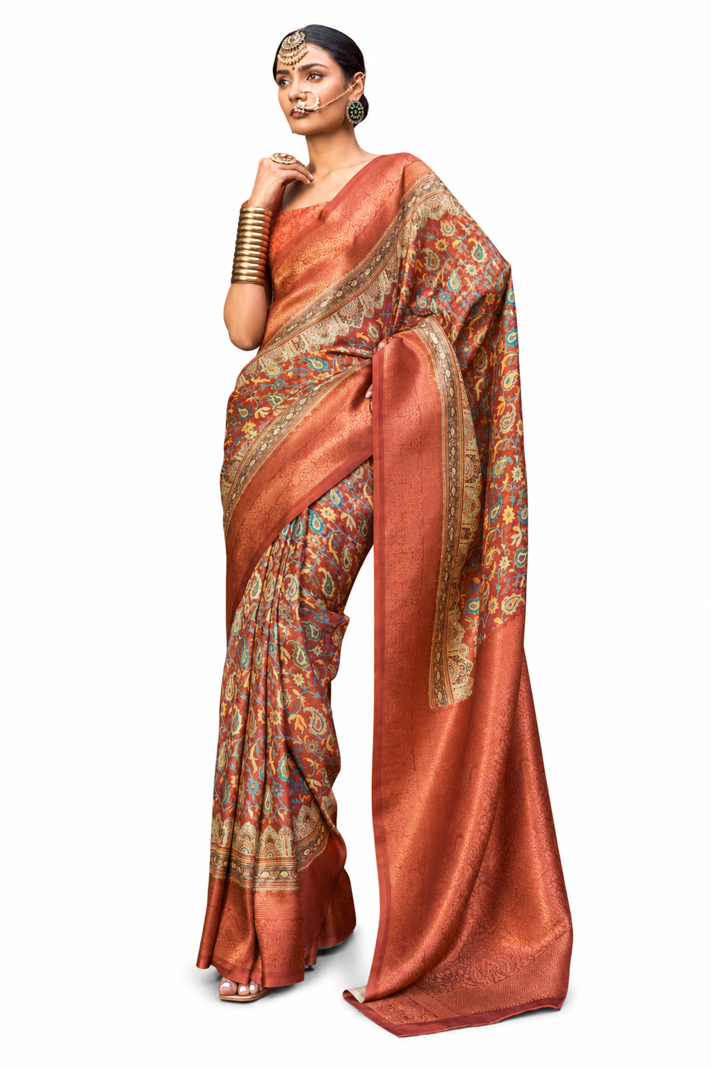 Peach Copper Jacquard P V Silk Zari Weaving Digital Print Saree