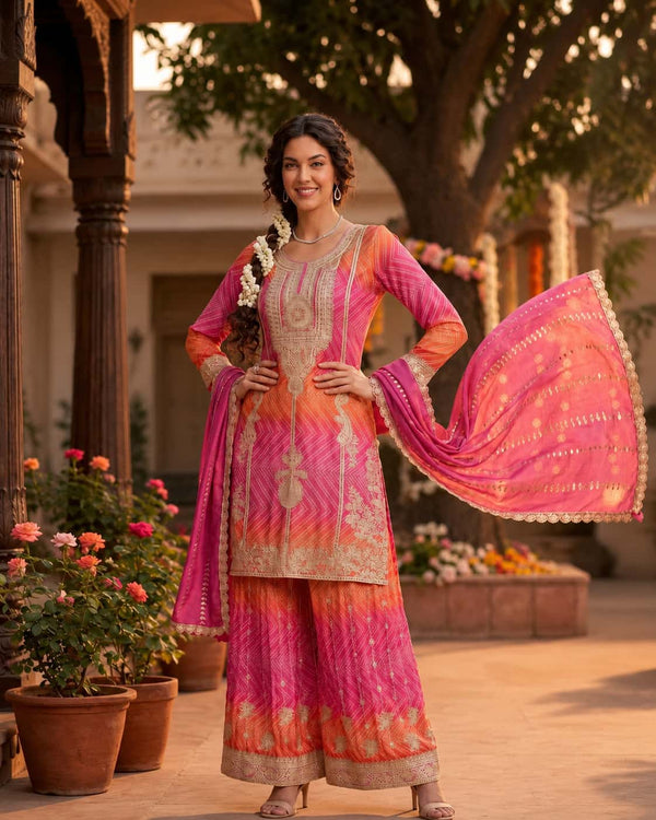 Premium Chinnon Silk Designer Palazzo Suit