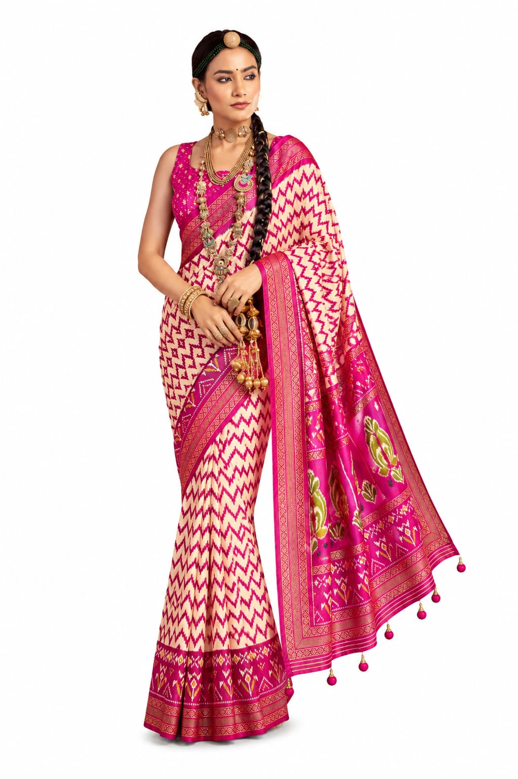 Naksh Creation Sigma Silk Patola Saree Beige Grey & Navy Blue