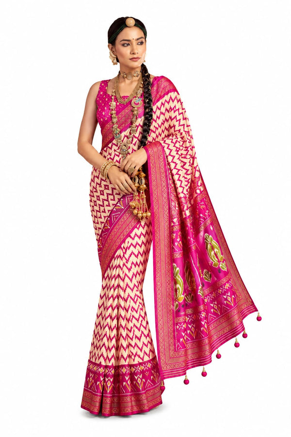 Naksh Creation Sigma Silk Patola Saree Beige Grey & Navy Blue