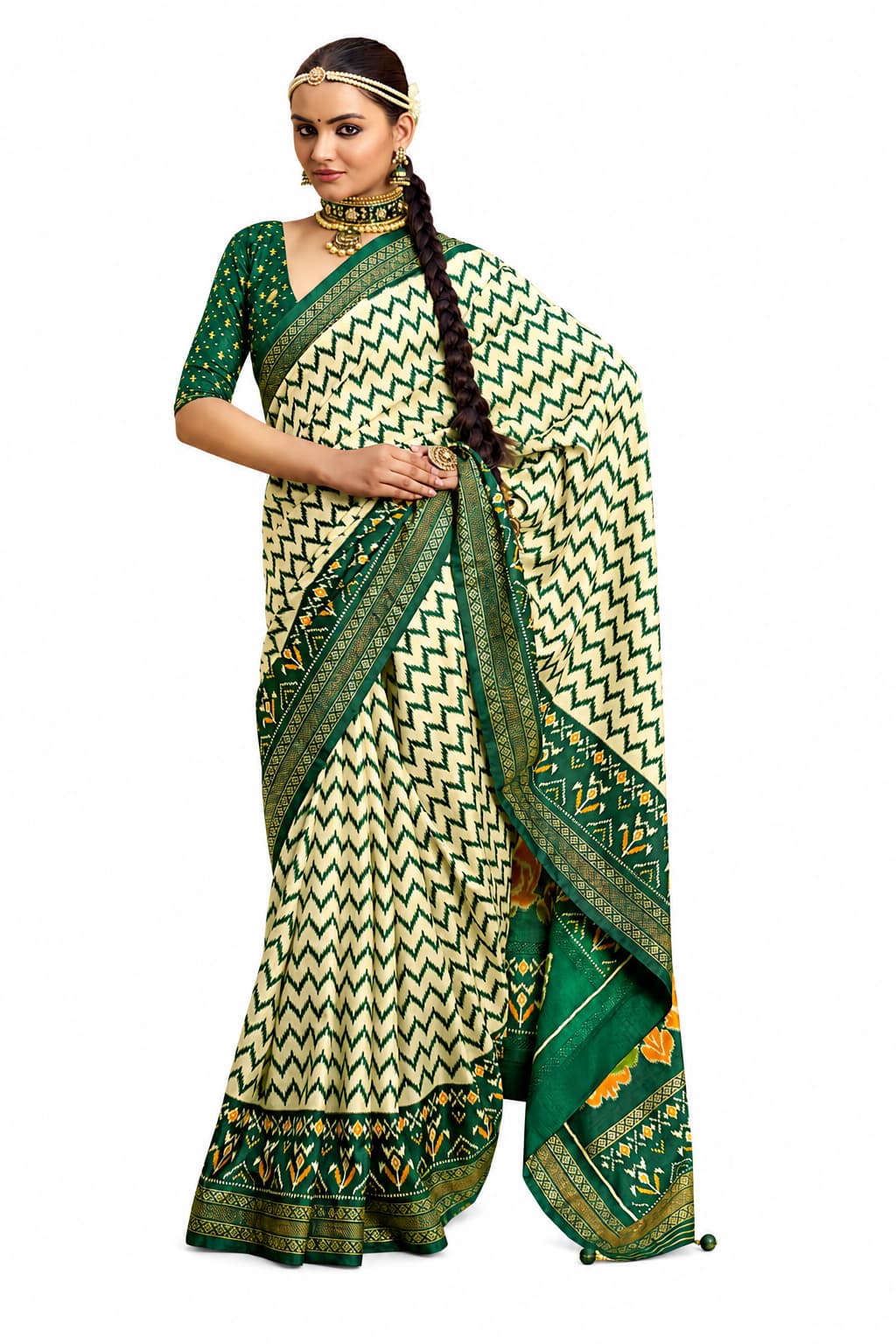 Naksh Creation Sigma Silk Patola Saree Emerald Green & Cream