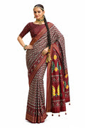 Charcoal Grey Soft Silk Chevron Ikat Patola Print Saree