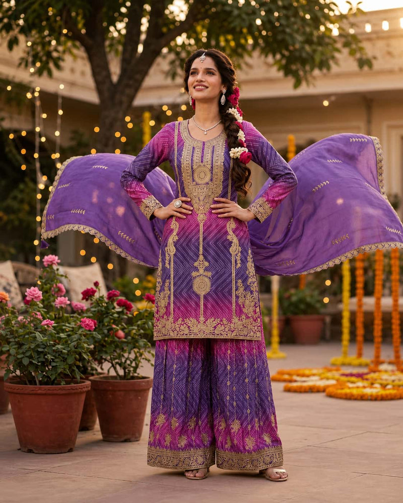 Premium Chinnon Silk Designer Palazzo Suit