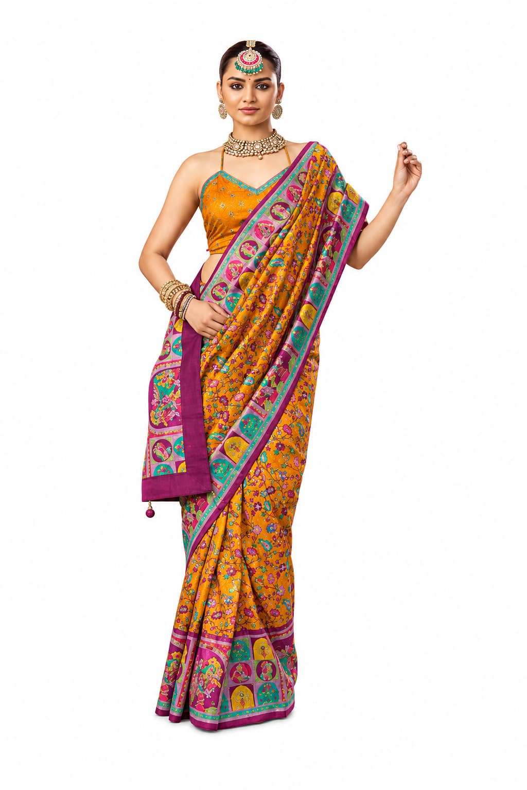 Emerald Green Silk Hand Block Printed Designer Saree