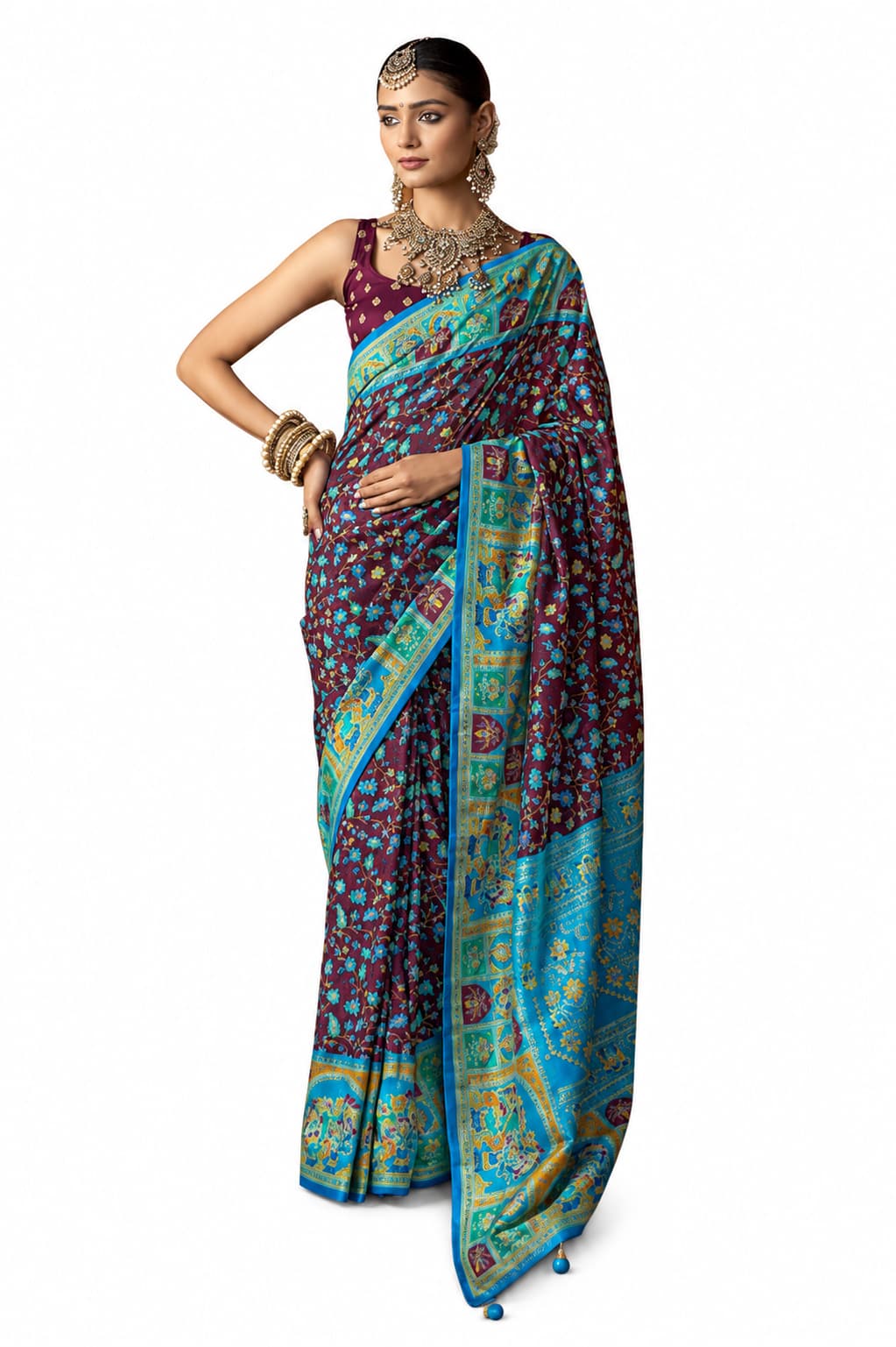Orange Silk Hand Block Printed Designer Saree