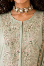 Naksh Creation Sage Green Embroidered Roman Silk Palazzo Suit