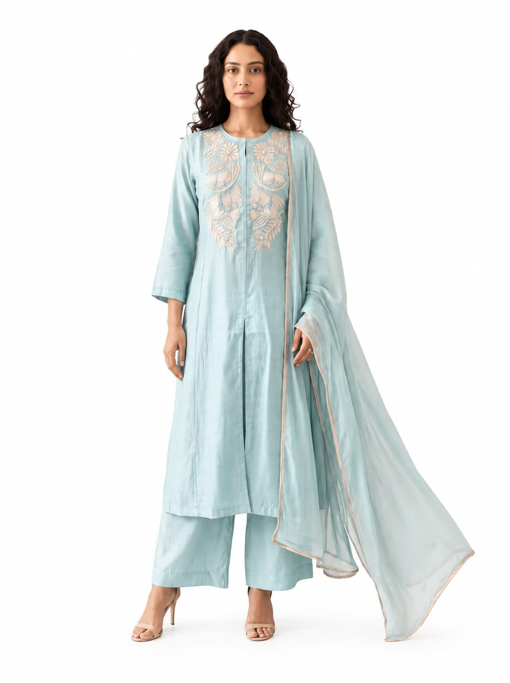 Naksh Creation Powder Blue Embroidered Roman Silk Palazzo Suit