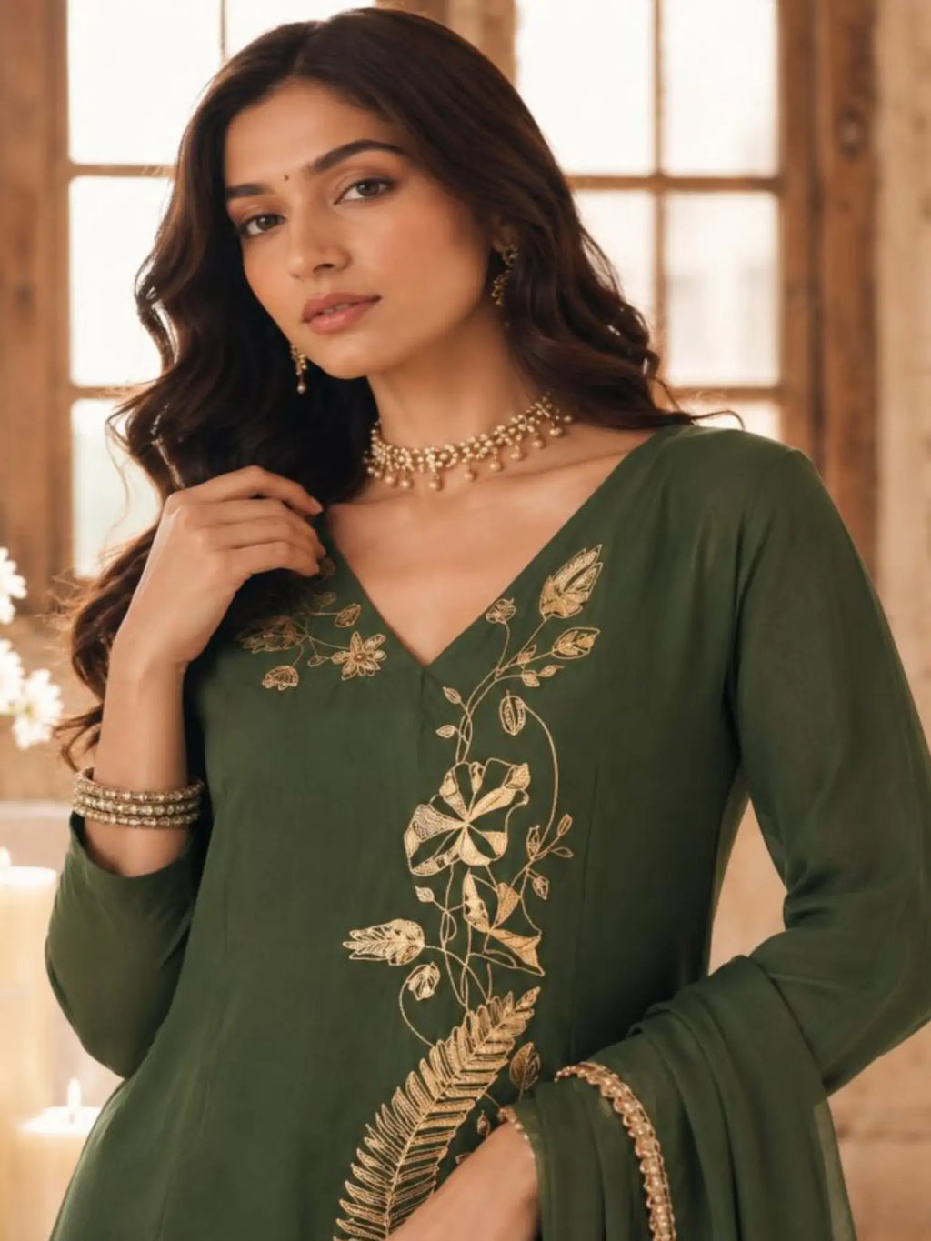 Olive Green Embroidered Mul Chanderi Pant Suit Set - View 2