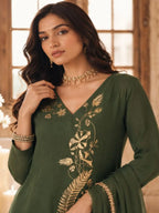 Olive Green Embroidered Mul Chanderi Pant Suit Set - View 2
