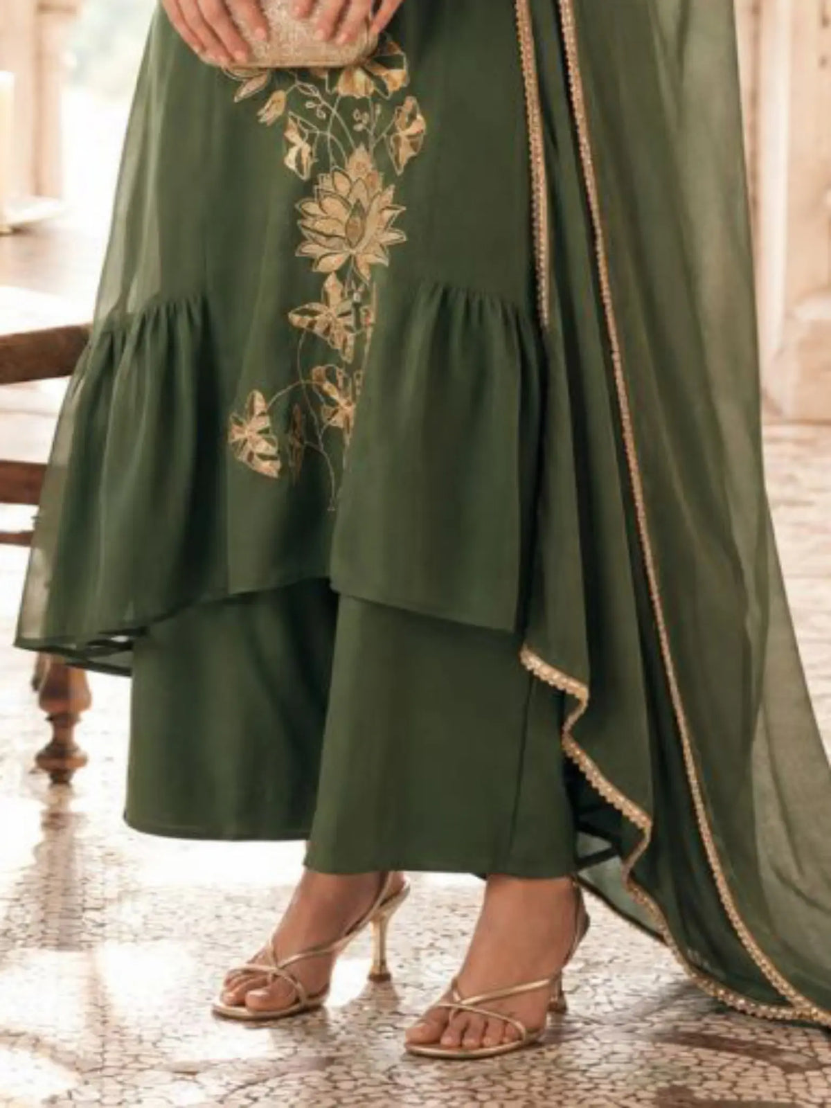 Olive Green Embroidered Mul Chanderi Pant Suit Set - View 3