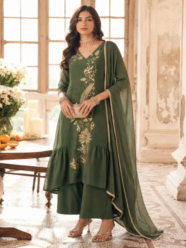 Olive Green Embroidered Mul Chanderi Pant Suit Set - View 1