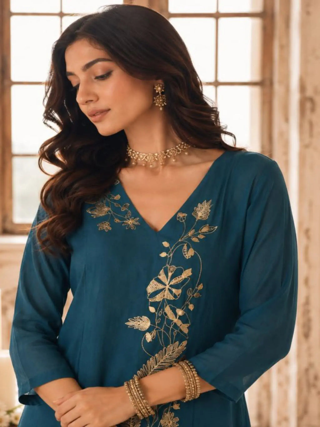 Teal Blue Embroidered Mul Chanderi Pant Suit Set - View 2