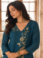 Teal Blue Embroidered Mul Chanderi Pant Suit Set - View 2