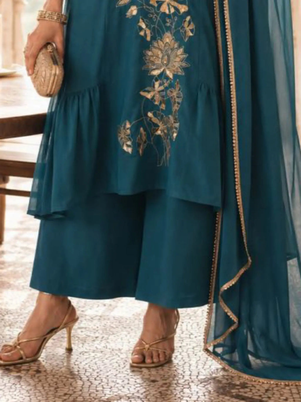 Teal Blue Embroidered Mul Chanderi Pant Suit Set - View 3